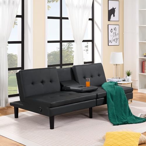 Modern Convertible Sofa Bed with USB and Cupholders