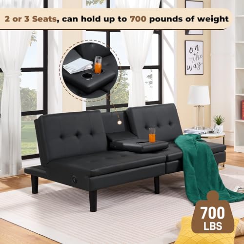 Modern Convertible Sofa Bed with USB and Cupholders