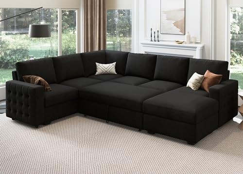 HONBAY Velvet U-Shaped Sleeper Sofa with Storage
