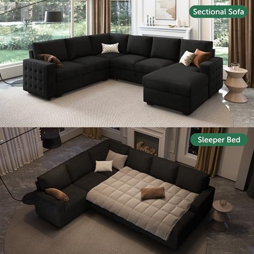 HONBAY Velvet U-Shaped Sleeper Sofa with Storage