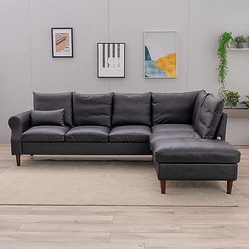 Black Faux Leather 6-Seater Corner Sofa with USB