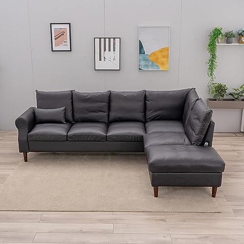 Black Faux Leather 6-Seater Corner Sofa with USB