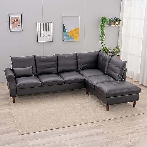 Black Faux Leather 6-Seater Corner Sofa with USB