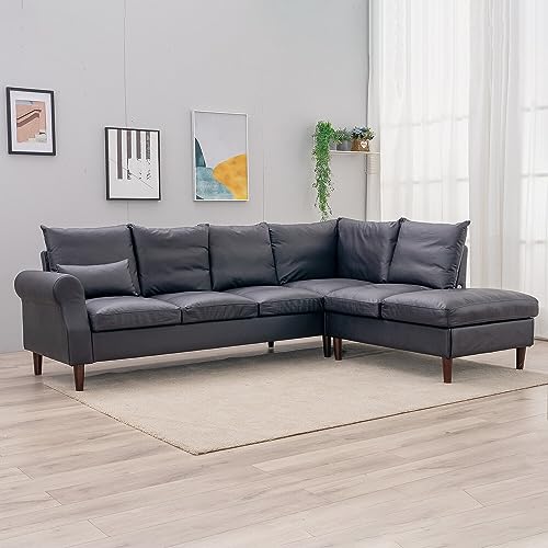 Black Faux Leather 6-Seater Corner Sofa with USB
