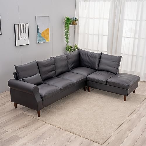 Black Faux Leather 6-Seater Corner Sofa with USB