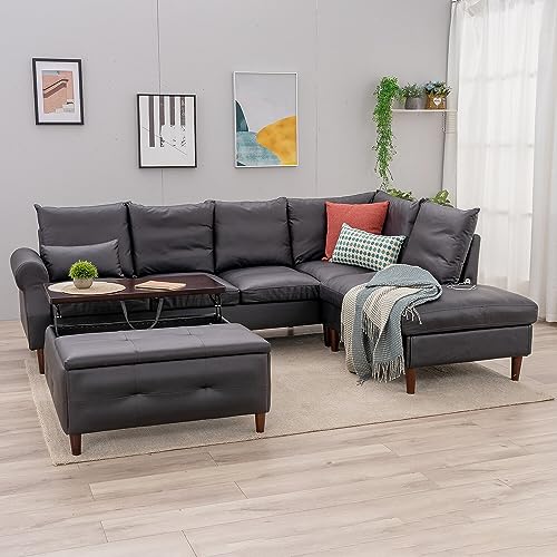Black Faux Leather 6-Seater Corner Sofa with USB