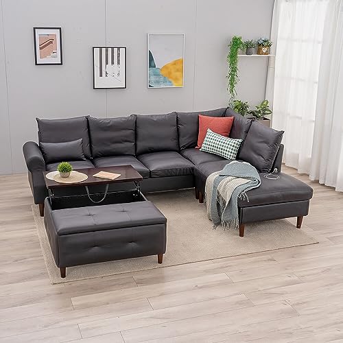 Black Faux Leather 6-Seater Corner Sofa with USB