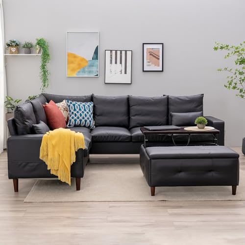Panana Modern L-Shaped Black Faux Leather Sofa