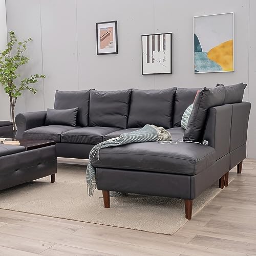 Panana Black Leather Sofa for 6 with USB Ports