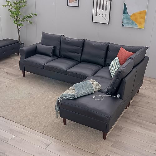 Panana Black Leather Sofa for 6 with USB Ports