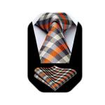 Men's Orange Grey Plaid Tie and Pocket Square Set