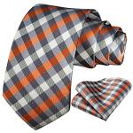 Men's Orange Grey Plaid Tie and Pocket Square Set