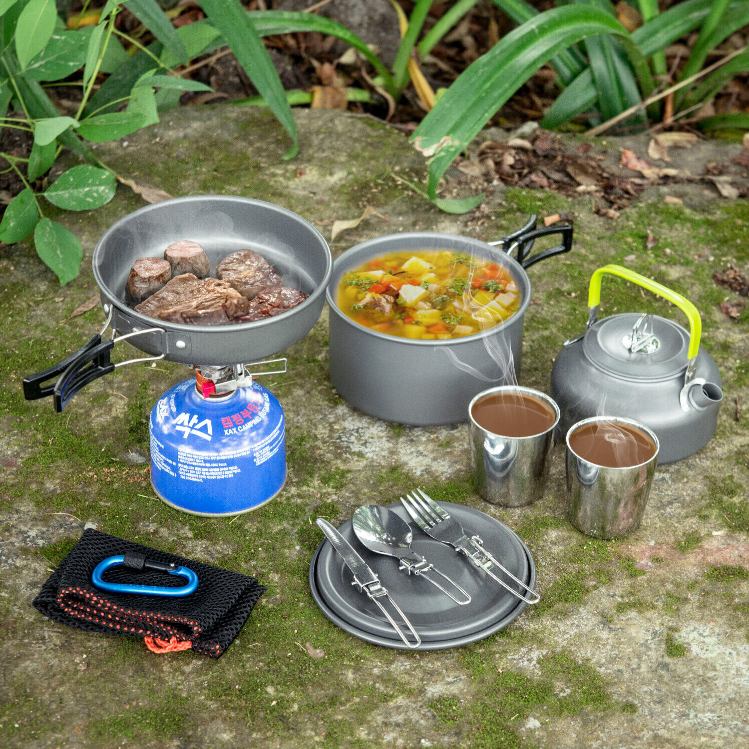 10pc Outdoor Camping Cookware Mess Kit Pot Pan Cup