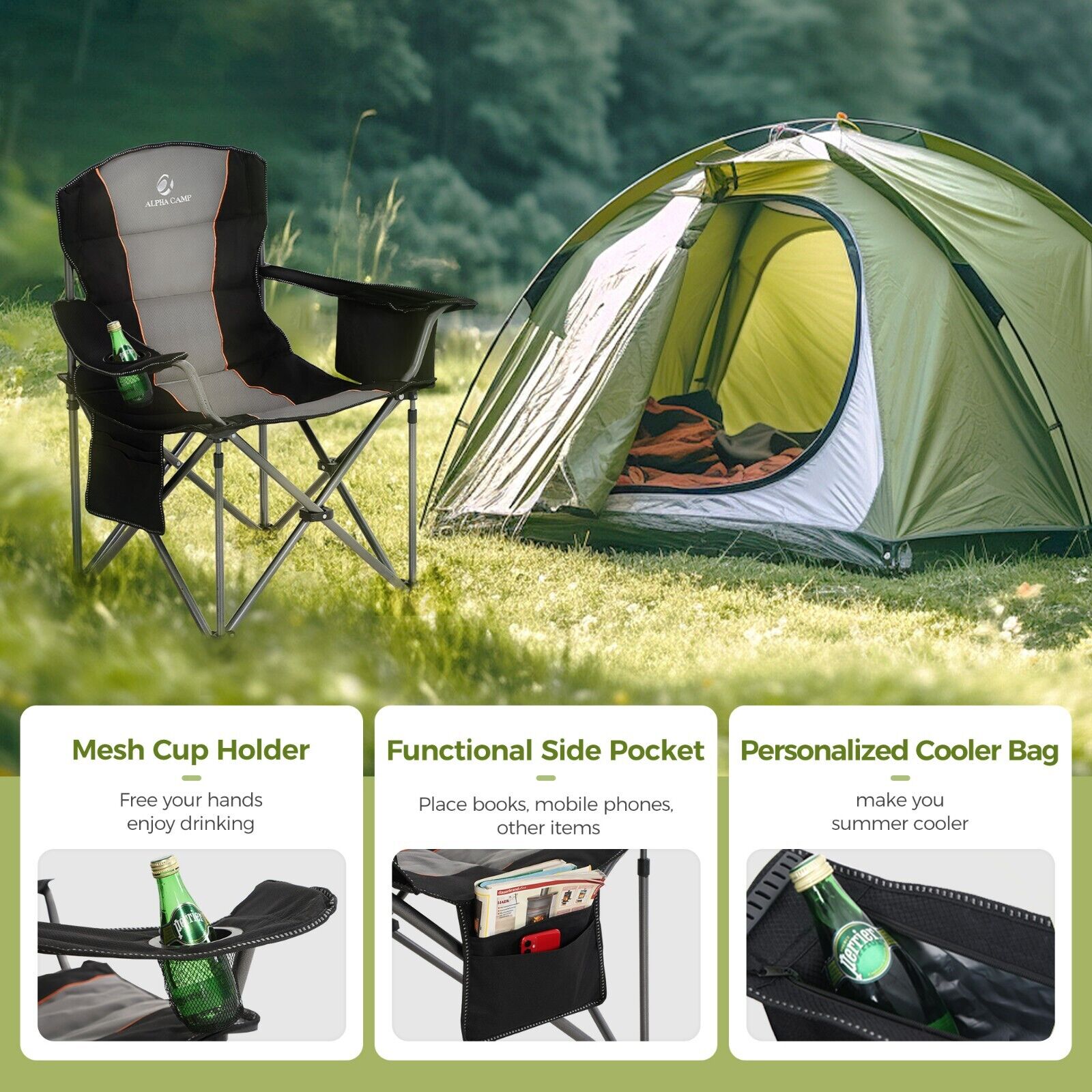Alpha Camp Heavy Duty Folding Camping Chair with Cup Holder