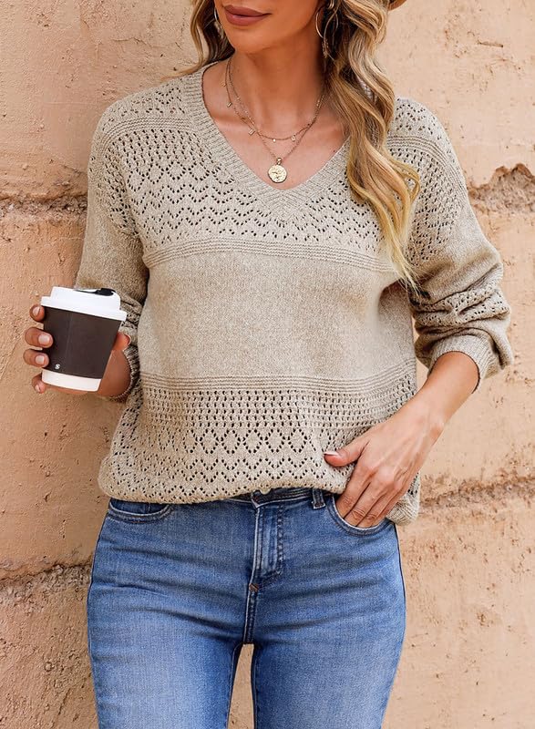 SHEWIN Spring Casual V Neck Sweater Brown Women