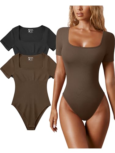 OQQ Ribbed Square Neck Short Sleeve Bodysuit Black