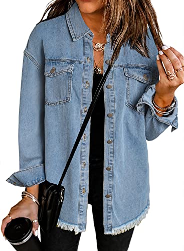 Blue Distressed Denim Boyfriend Jacket with Tassels