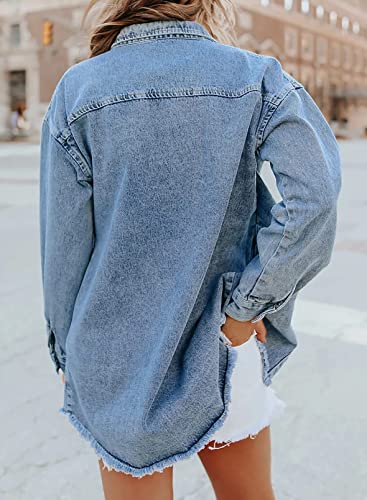 Blue Distressed Denim Boyfriend Jacket with Tassels
