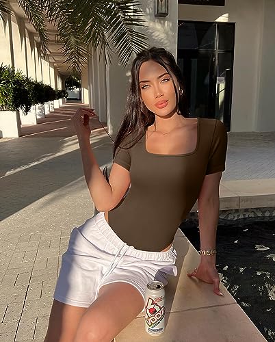 OQQ Ribbed Square Neck Short Sleeve Bodysuit Black
