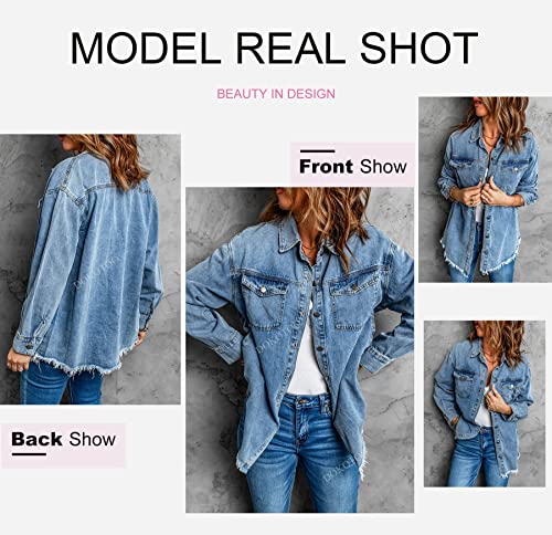 Blue Distressed Denim Boyfriend Jacket with Tassels