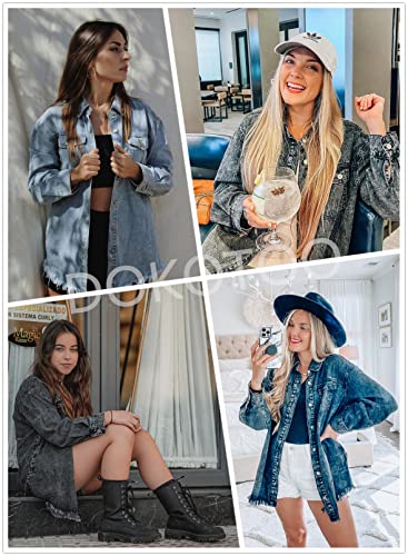Blue Distressed Denim Boyfriend Jacket with Tassels