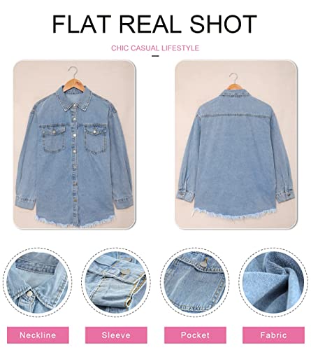 Blue Distressed Denim Boyfriend Jacket with Tassels