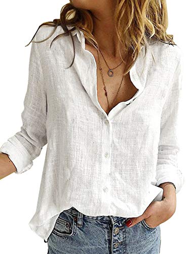 Astylish Women's White Linen V-Neck Blouse - Medium