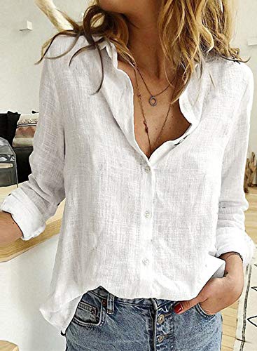 Astylish Women's White Linen V-Neck Blouse - Medium