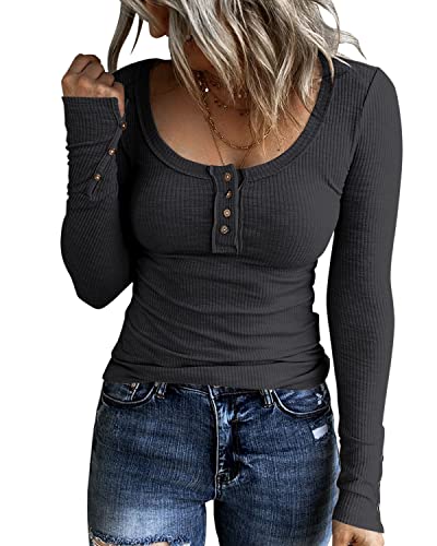 Women's Long Sleeve Ribbed Knit Henley T-Shirt