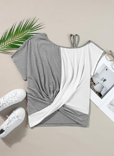 Dokotoo Women's Summer Cold Shoulder Gray T-Shirt, Large