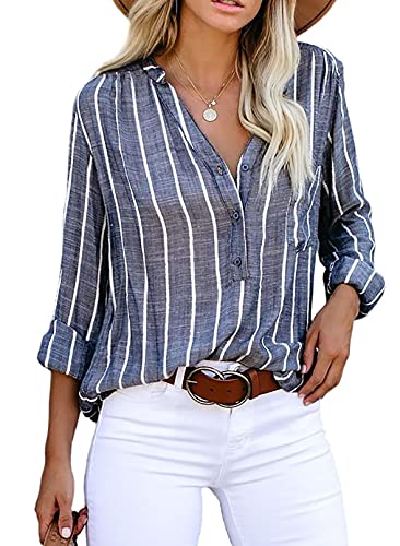 Astylish Women's Striped Button Down Business Shirt Blue