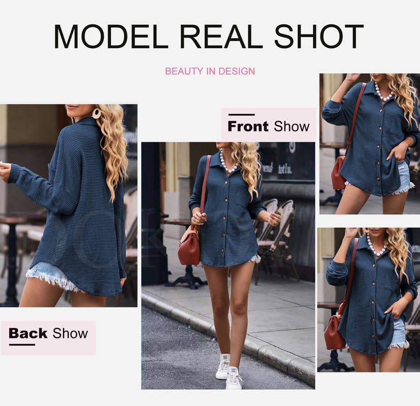 Blue Waffle Knit Long Sleeve V-Neck Shirt