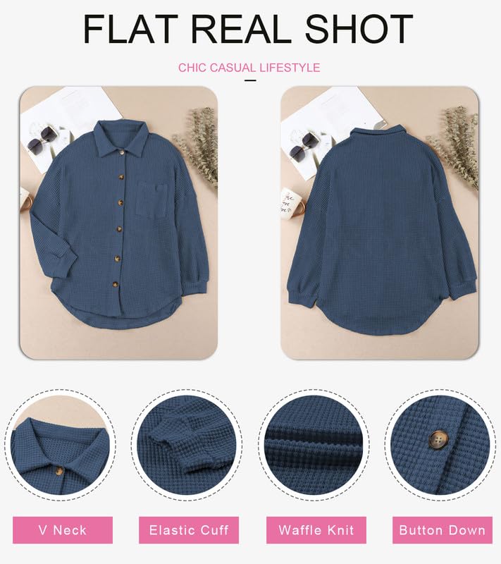 Blue Waffle Knit Long Sleeve V-Neck Shirt