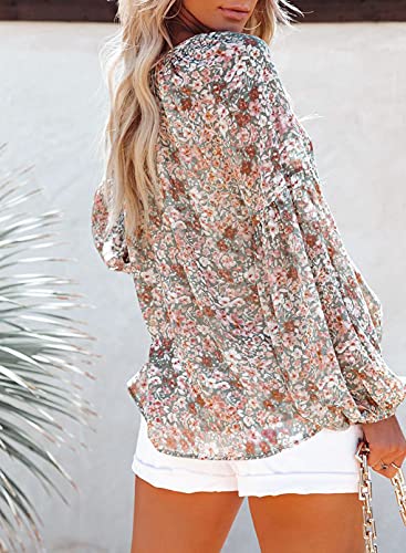 Floral Lantern Sleeve V Neck Blouse, Boho Style