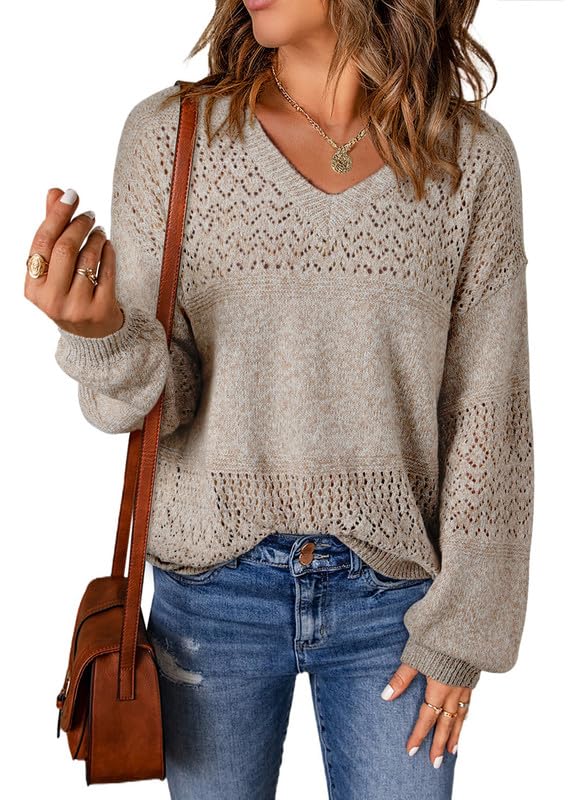 SHEWIN Spring Casual V Neck Sweater Brown Women