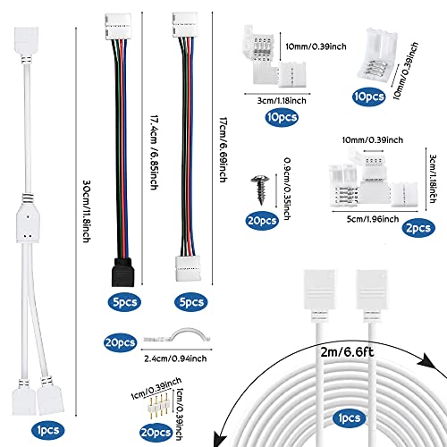 SIYINGSAERY LED Light Connector Kit, 5050 RGB 10mm 4 Pin Led Strip Light Connector Solderless Connector Kit - 6.5FT Extension Cable, Strip to Strip Jumpers, Gapless Adapter, L and T Shape Connectors