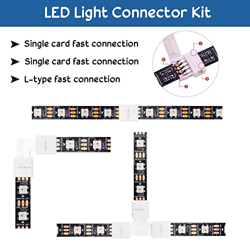 SIYINGSAERY LED Light Connector Kit, 5050 RGB 10mm 4 Pin Led Strip Light Connector Solderless Connector Kit - 6.5FT Extension Cable, Strip to Strip Jumpers, Gapless Adapter, L and T Shape Connectors