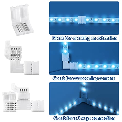 SIYINGSAERY LED Light Connector Kit, 5050 RGB 10mm 4 Pin Led Strip Light Connector Solderless Connector Kit - 6.5FT Extension Cable, Strip to Strip Jumpers, Gapless Adapter, L and T Shape Connectors