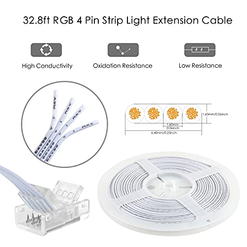 Aroidful 32.8ft 4Pin LED RGB Extension Cable and 10Pcs 4 Pin LED Strip Light Connectors, 4 Pin LED Cable, LED Lights Extension for 10mm Wide Waterproof or Bare Board 2835-5050 4Pin RGB Strip Lights