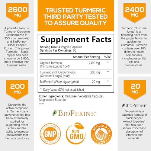Organic Turmeric Curcumin 2600mg Capsules, Vegan Joint Support
