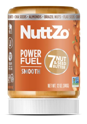 NuttZo Natural Power Fuel Smooth Nut Butter - 7 Nuts & Seeds Blend | Paleo, Non-GMO, Gluten-Free, Vegan | Kosher | Peanut-Free | 1g Sugar, 6g Protein | 12oz Jar