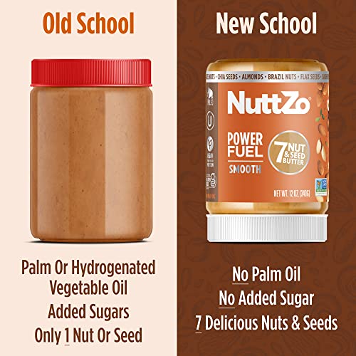 NuttZo Natural Power Fuel Smooth Nut Butter - 7 Nuts & Seeds Blend | Paleo, Non-GMO, Gluten-Free, Vegan | Kosher | Peanut-Free | 1g Sugar, 6g Protein | 12oz Jar