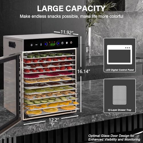 12-Tray Stainless Steel Food Dehydrator with Timer & Recipes