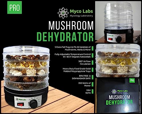 350W Myco Labs Mushroom Dehydrator: Adjustable Temp, Tall Trays