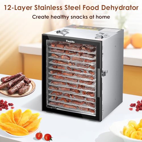 Tinzida Stainless Steel Food Dehydrator: 12 Trays, 194ºF Temp, 24H Timer