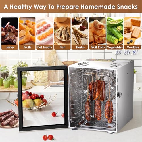 Tinzida Stainless Steel Food Dehydrator: 12 Trays, 194ºF Temp, 24H Timer