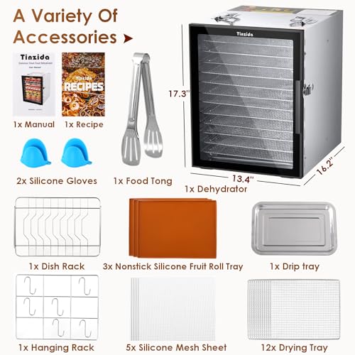 Tinzida Stainless Steel Food Dehydrator: 12 Trays, 194ºF Temp, 24H Timer