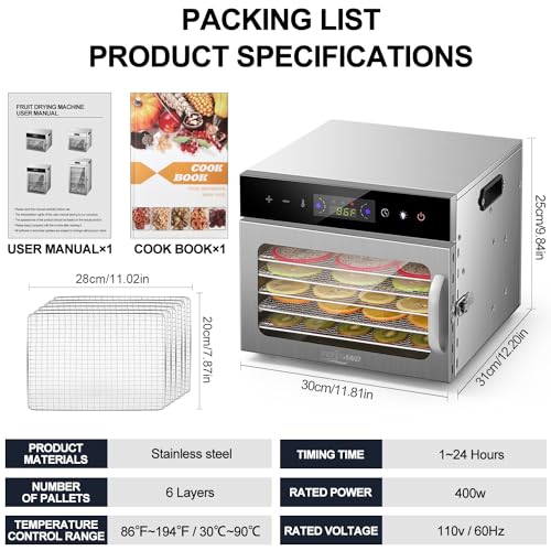 SEASAND Raw Food Dehydrator | 6 Stainless Steel Trays