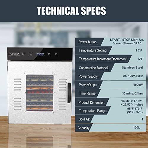 NutriChef Commercial Electric Food Dehydrator - XL Stainless Steel