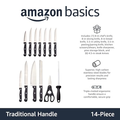 14-Piece High-Carbon Stainless-Steel Kitchen Knife Set with Pine Wood Block